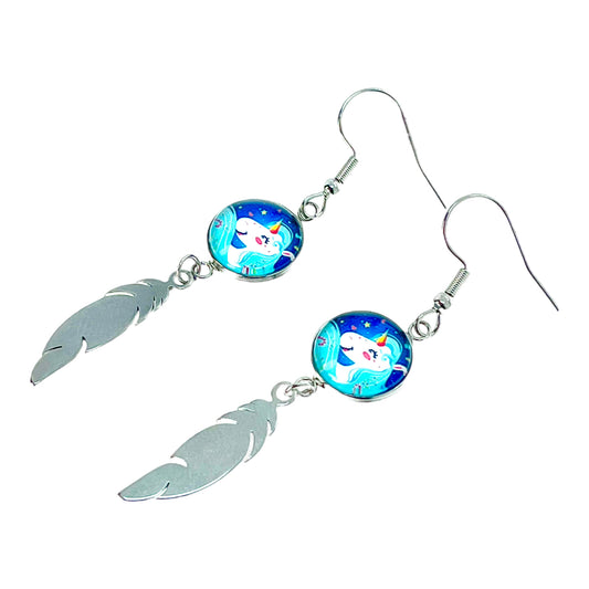 Indigo Unicorn Feather Earrings