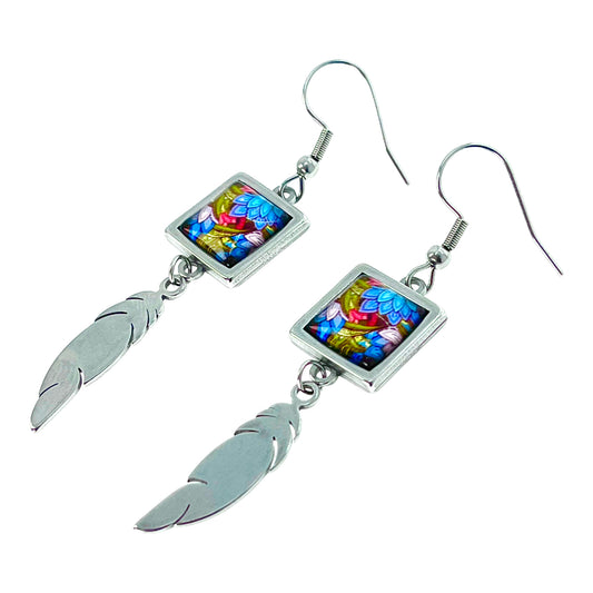 Blue Bloom Square Feather Earrings