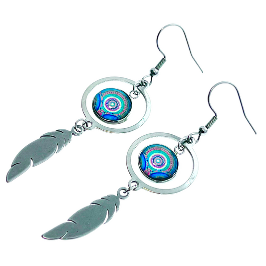 Ocean Dreamcatcher Feather Round Earrings