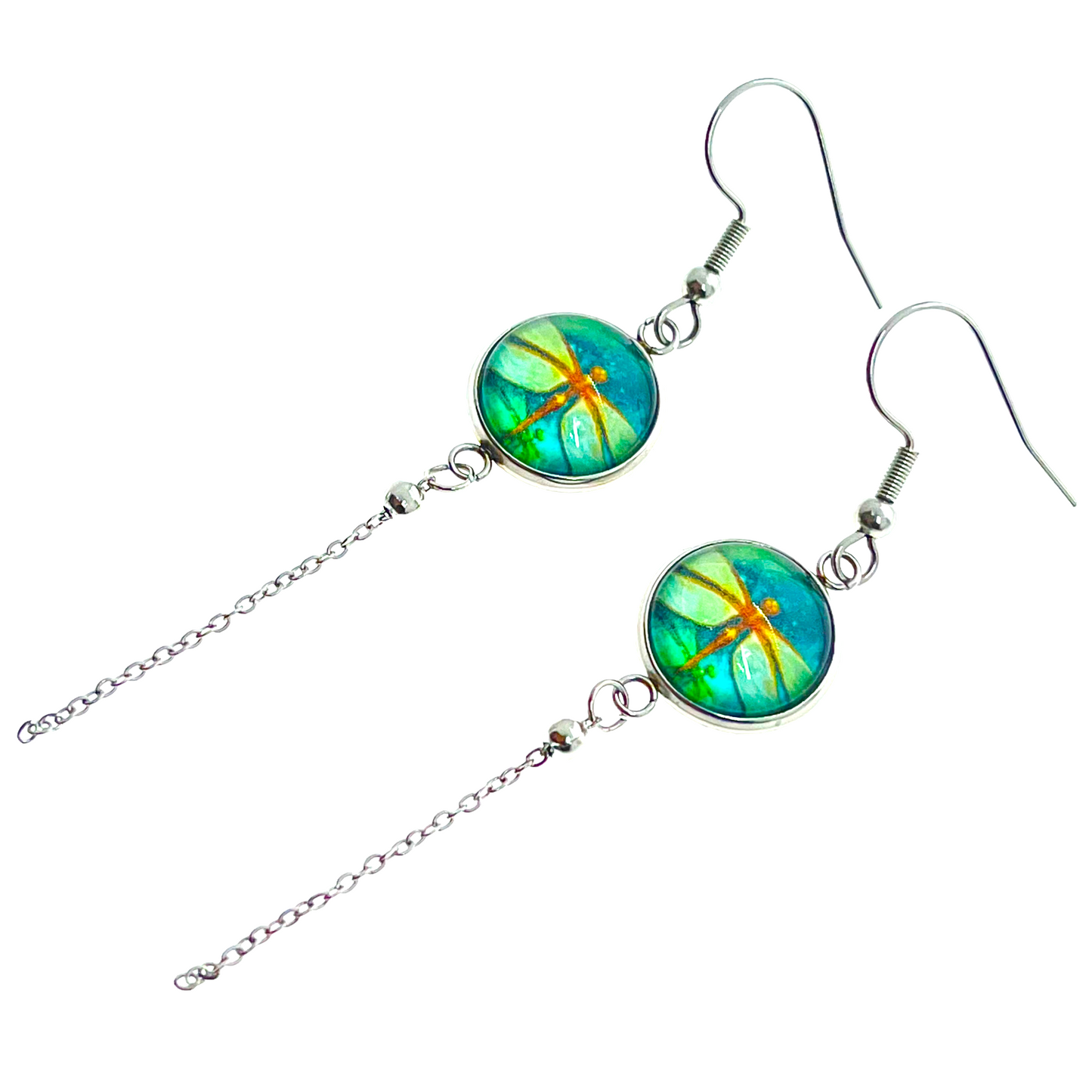 Emerald Dragonfly Chain Dangler Earrings