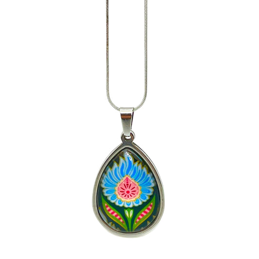 Blue Fuzzy Flower Teardrop Necklace