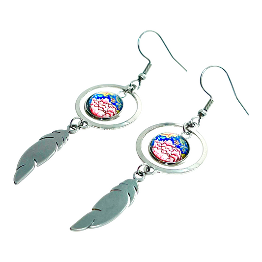 Silk Blooms Feather Round Earrings