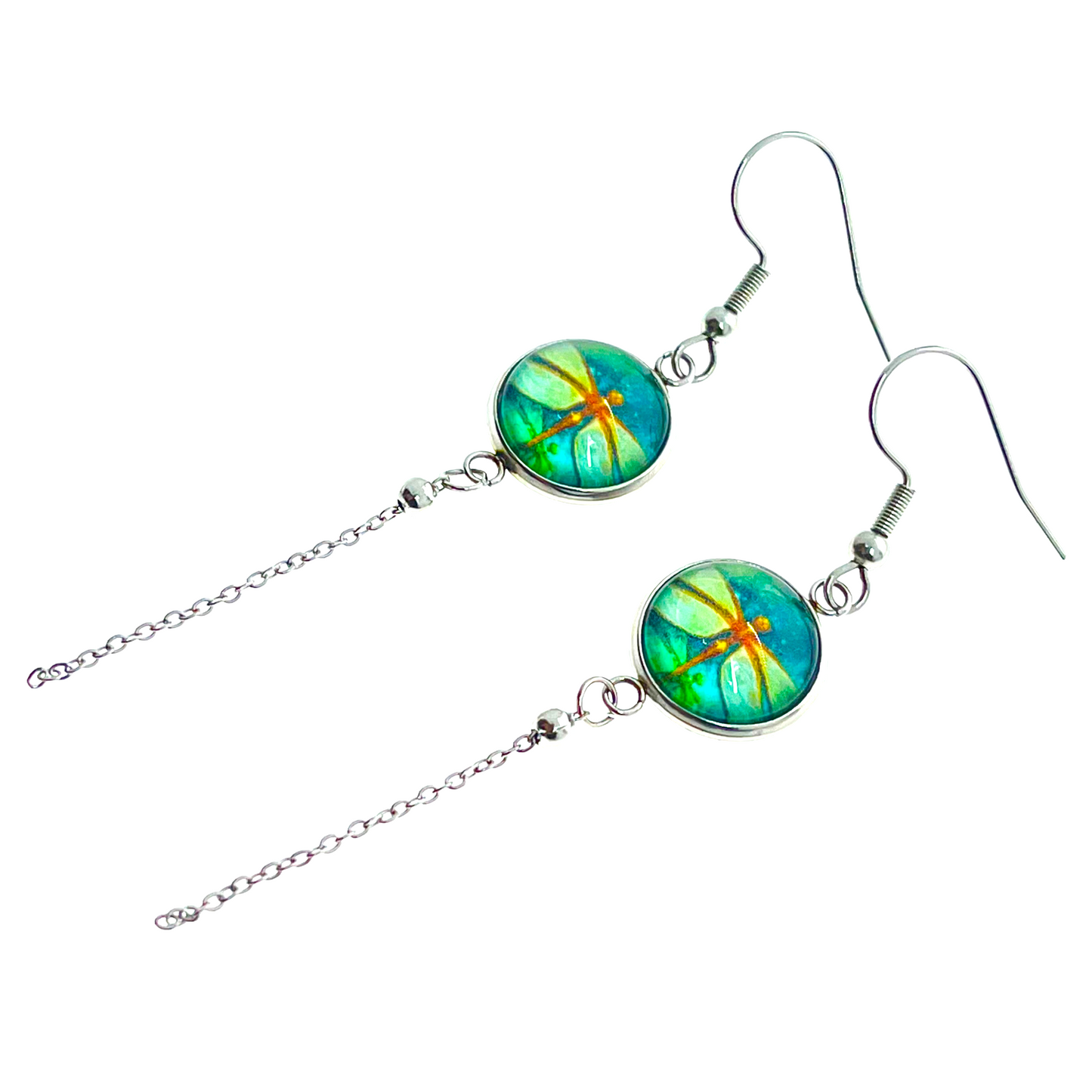 Emerald Dragonfly Chain Dangler Earrings