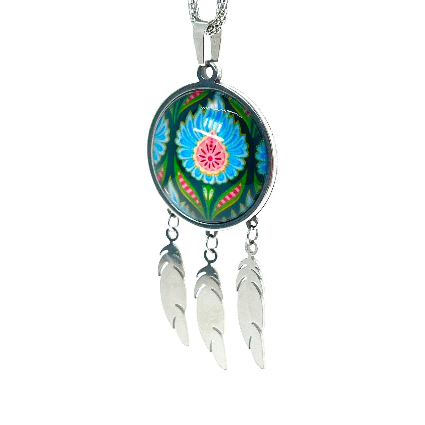 Blue Fuzzy Flower Feather Dreamcatcher Necklace