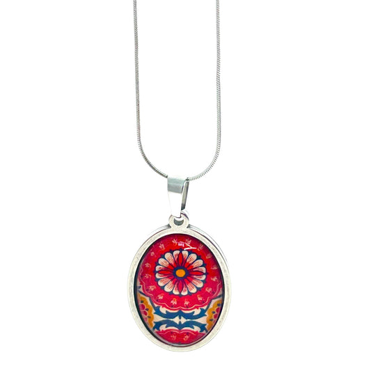 Red Wildflower Oval Necklace