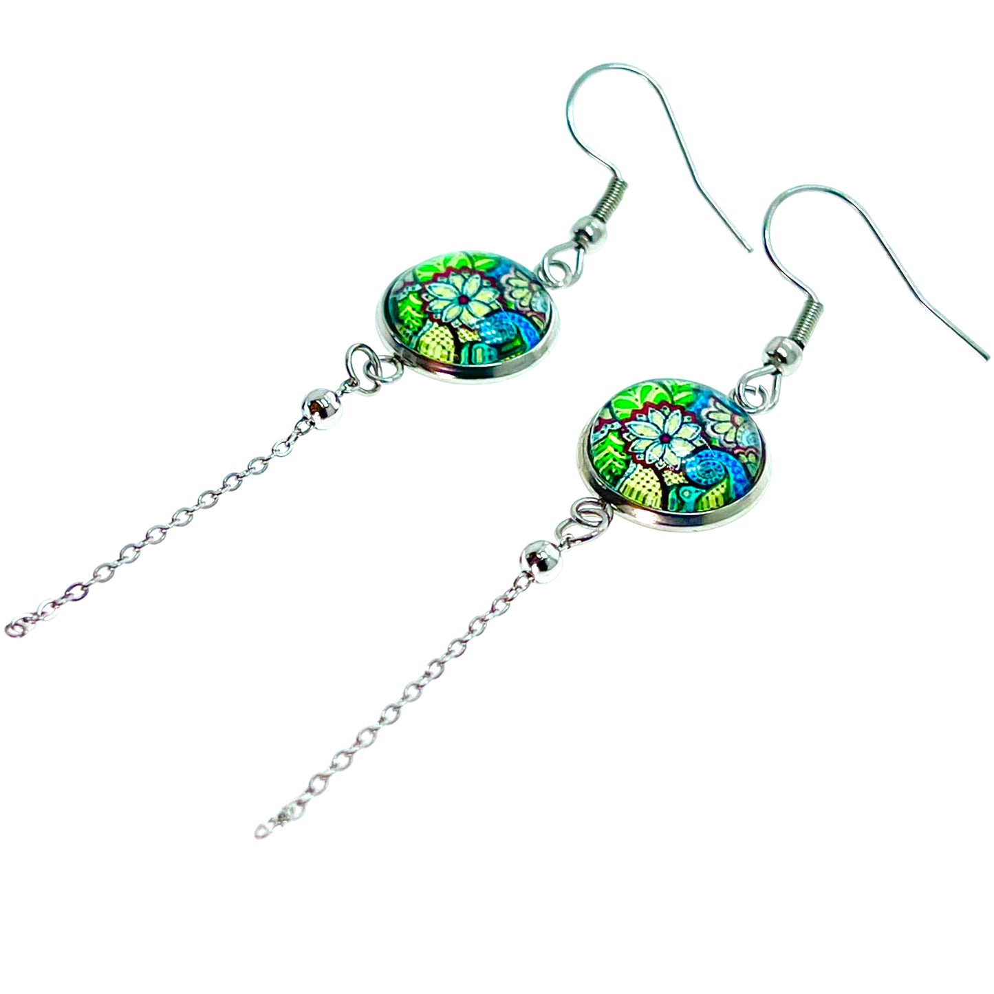 Green Cloisonné Chain Dangler Earrings