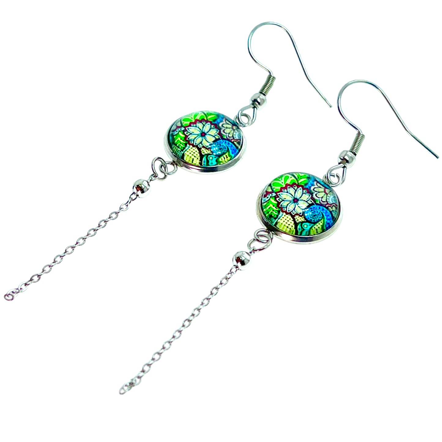 Green Cloisonné Chain Dangler Earrings