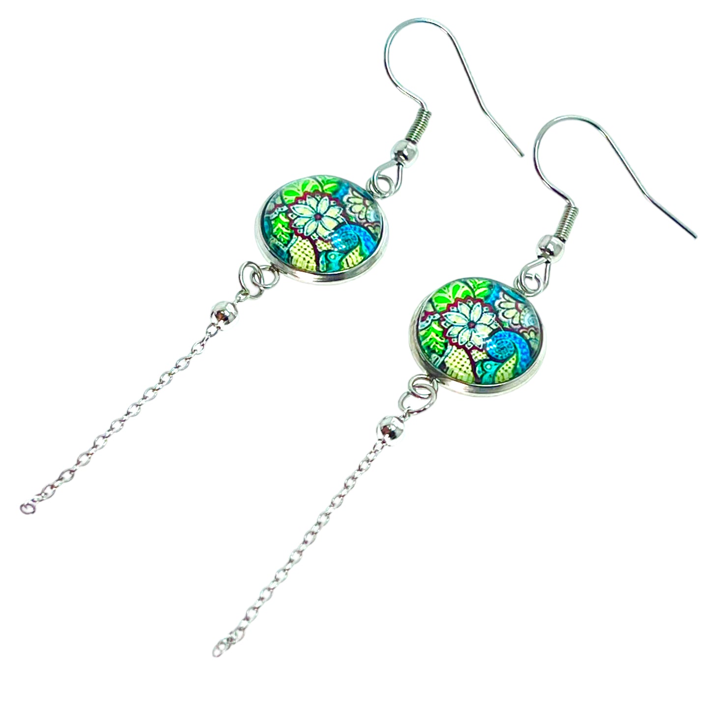 Green Cloisonné Chain Dangler Earrings