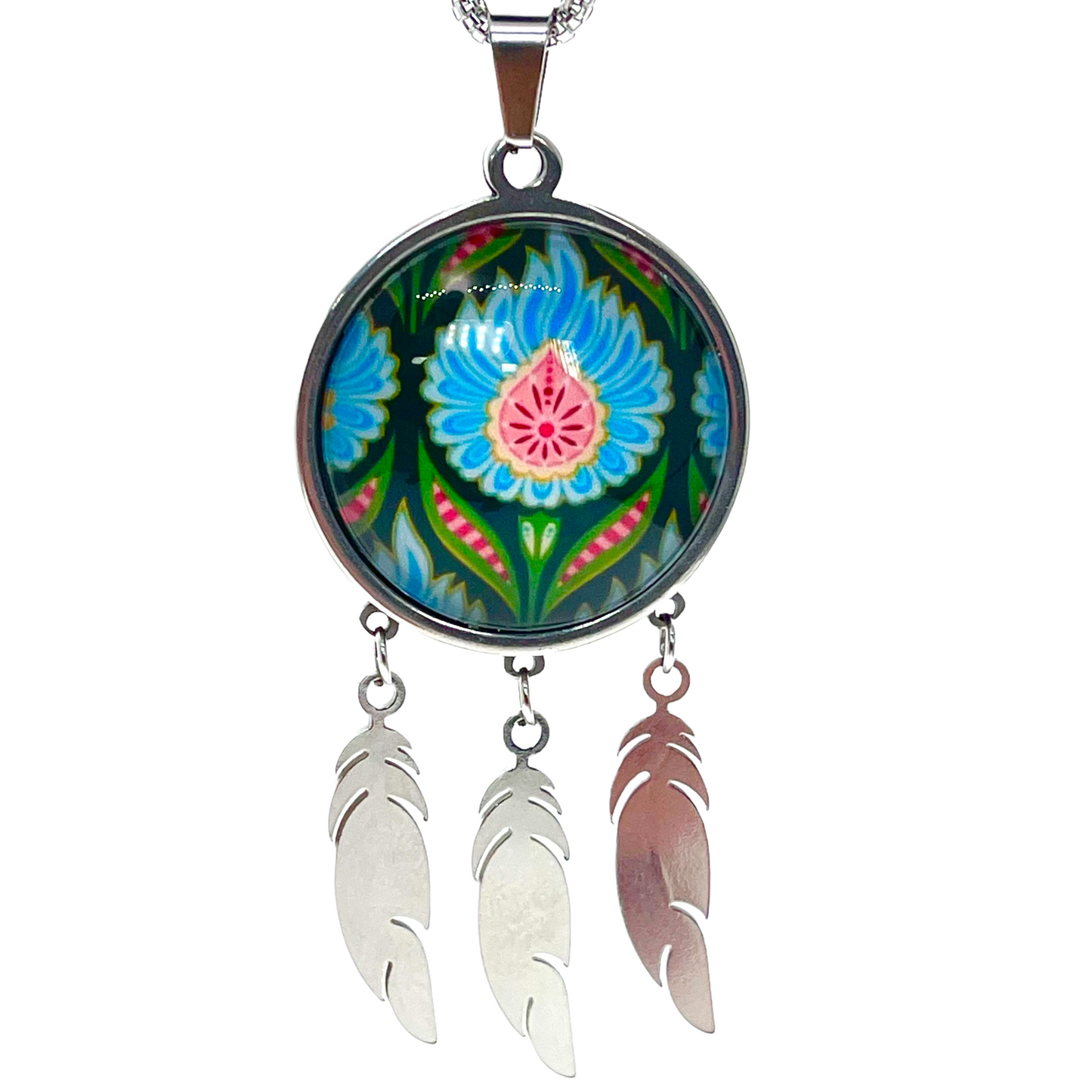 Blue Fuzzy Flower Feather Dreamcatcher Necklace