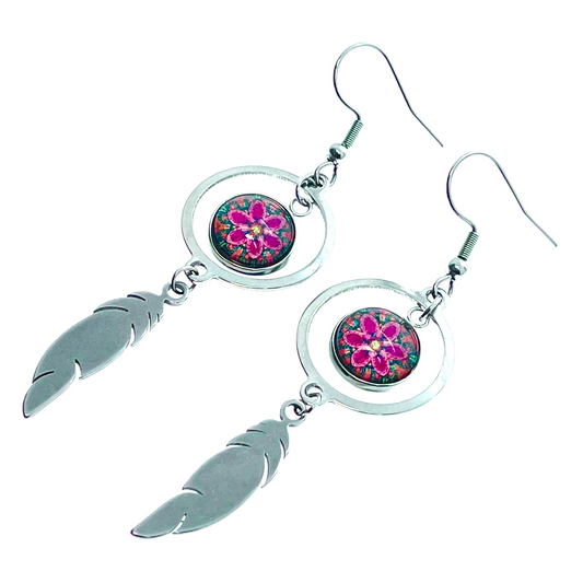 Polka Dot Daisy Feather Round Earrings