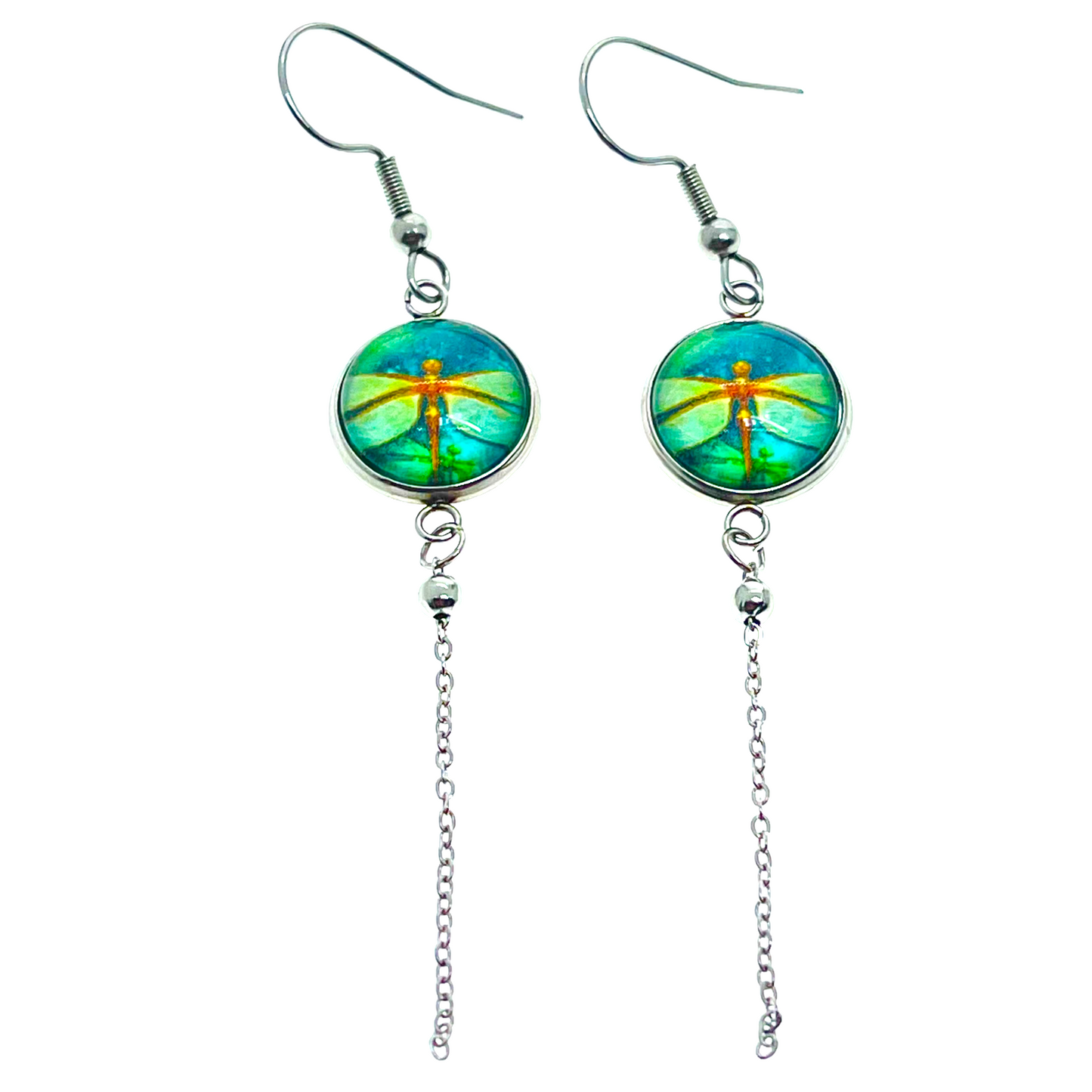 Emerald Dragonfly Chain Dangler Earrings