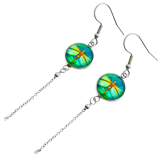 Emerald Dragonfly Chain Dangler Earrings