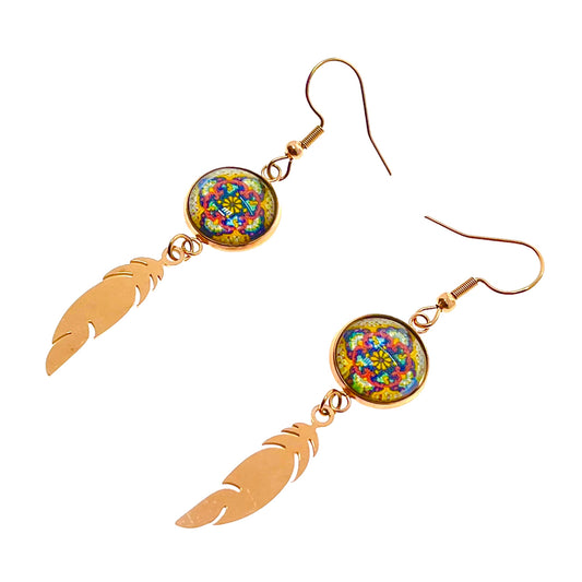 Golden Flower Feather Earrings