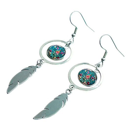 Emerald Forest Feather Round Earrings