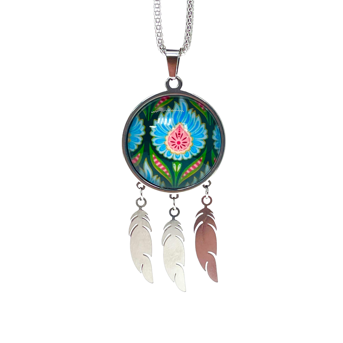 Blue Fuzzy Flower Feather Dreamcatcher Necklace