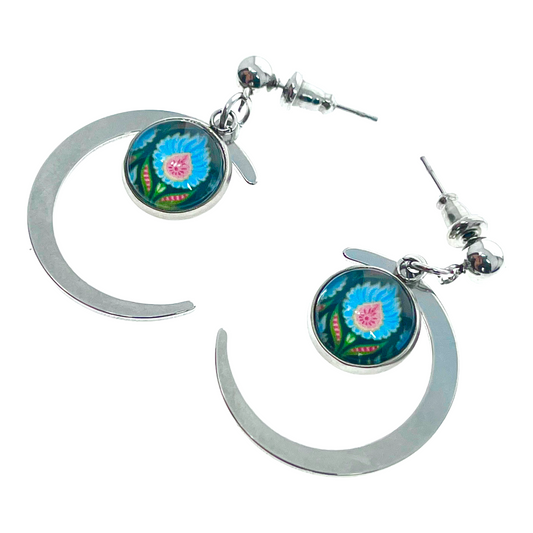 Blue Fuzzy Flower Crescent Moon Earrings