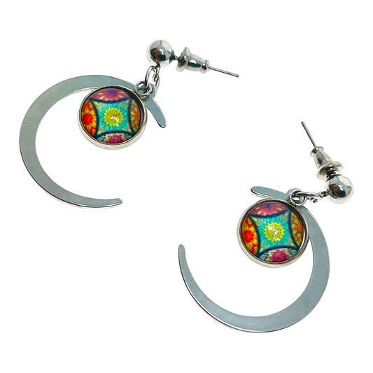 Rainbow Teal Crescent Moon Earrings