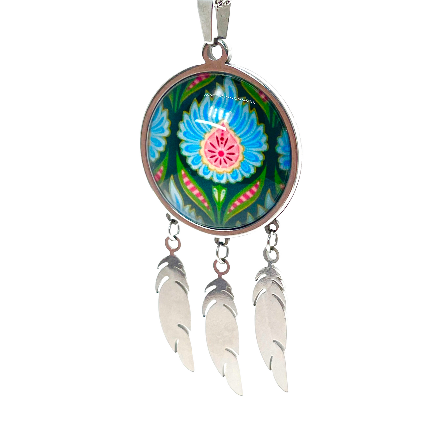 Blue Fuzzy Flower Feather Dreamcatcher Necklace