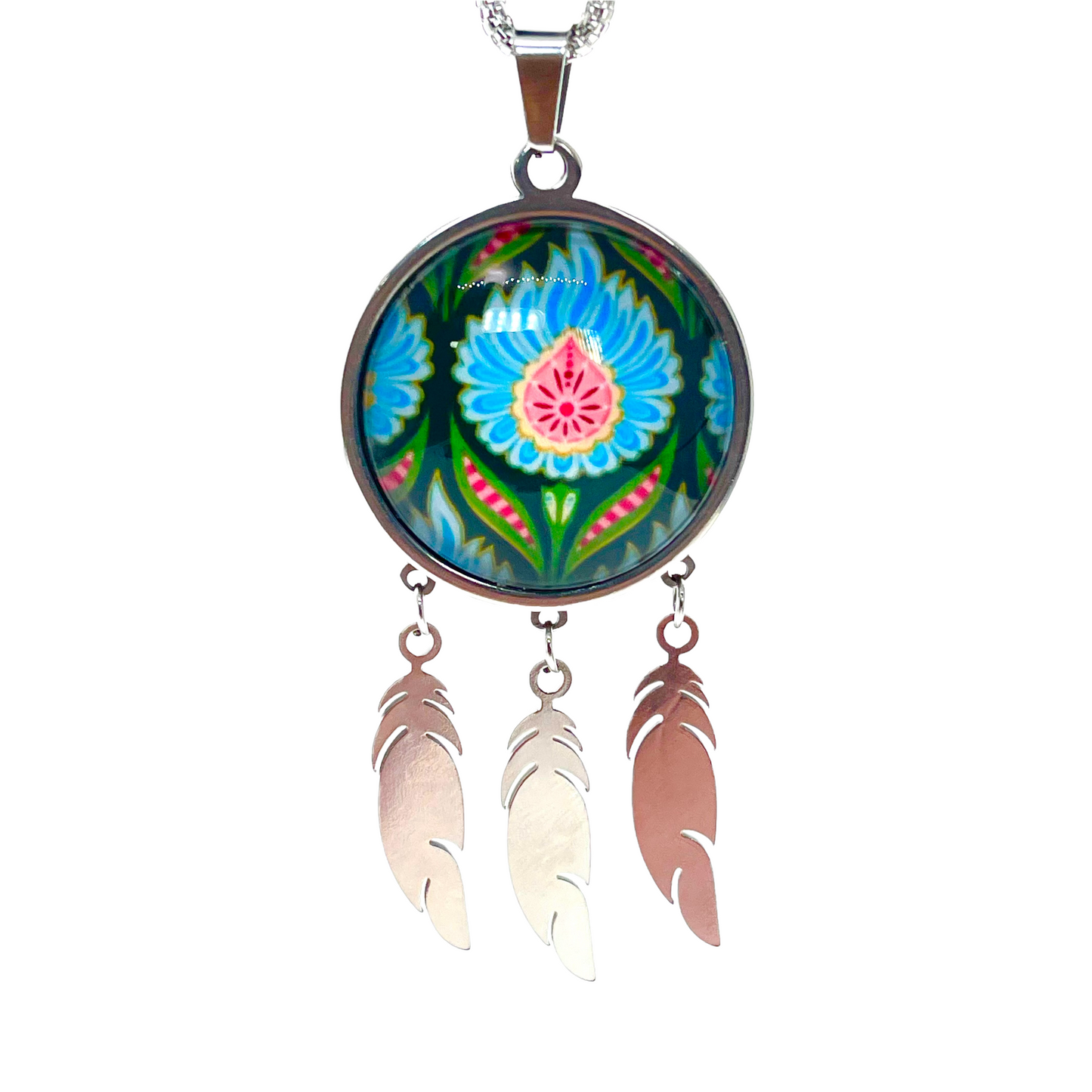 Blue Fuzzy Flower Feather Dreamcatcher Necklace