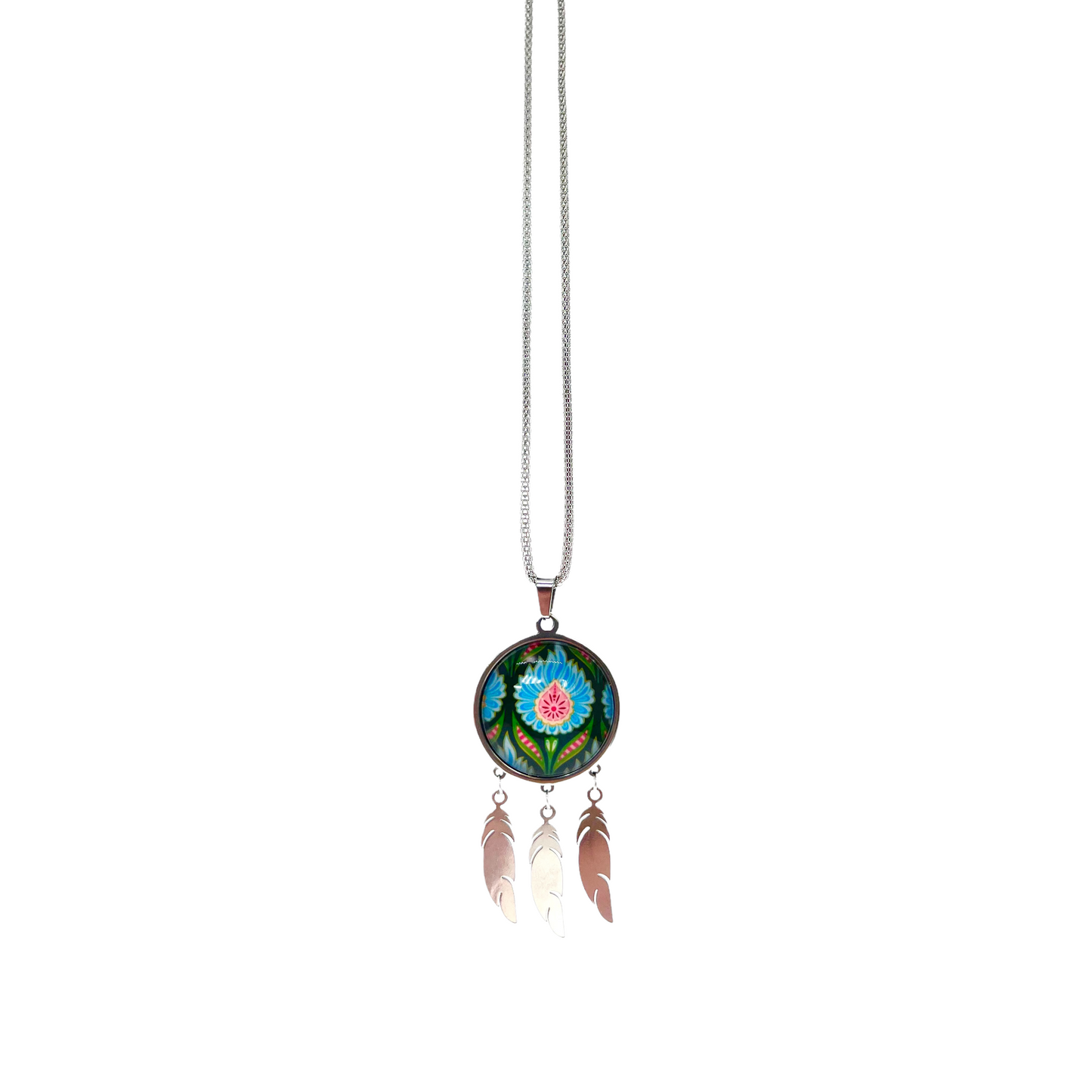 Blue Fuzzy Flower Feather Dreamcatcher Necklace